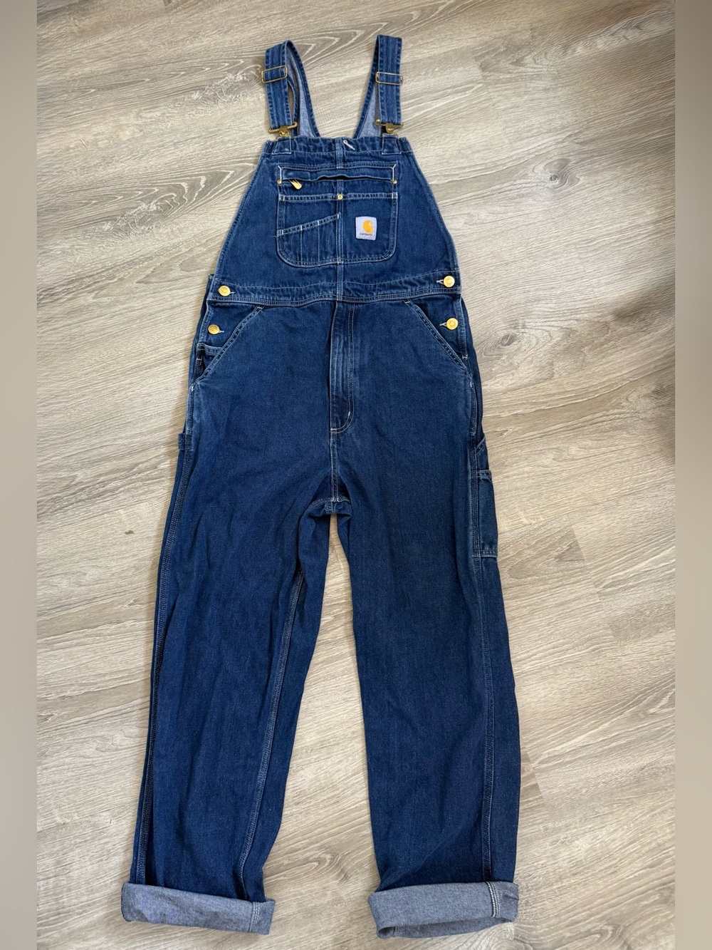 Carhartt Loose Fit Navy Blue Denim Work Overalls with Gold Hardware 32 x 32